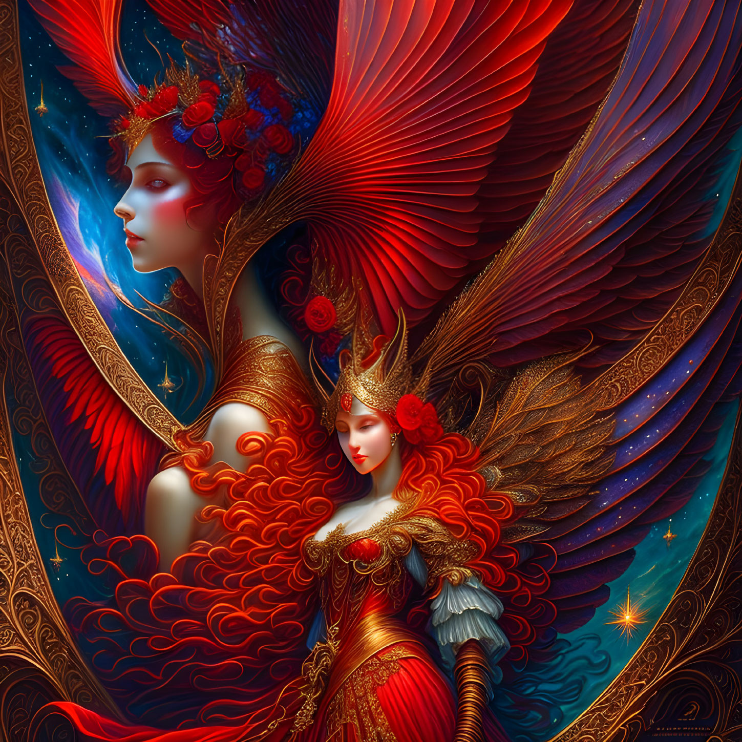 Fantasy illustration of two figures in red and gold attire with wings, set against a celestial background.