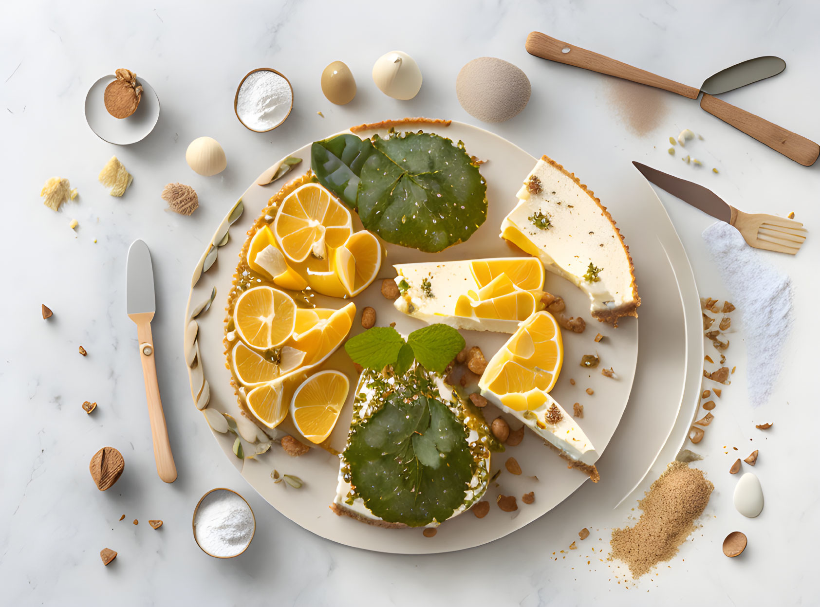 Citrus cheesecake with orange slices and mint on marble surface