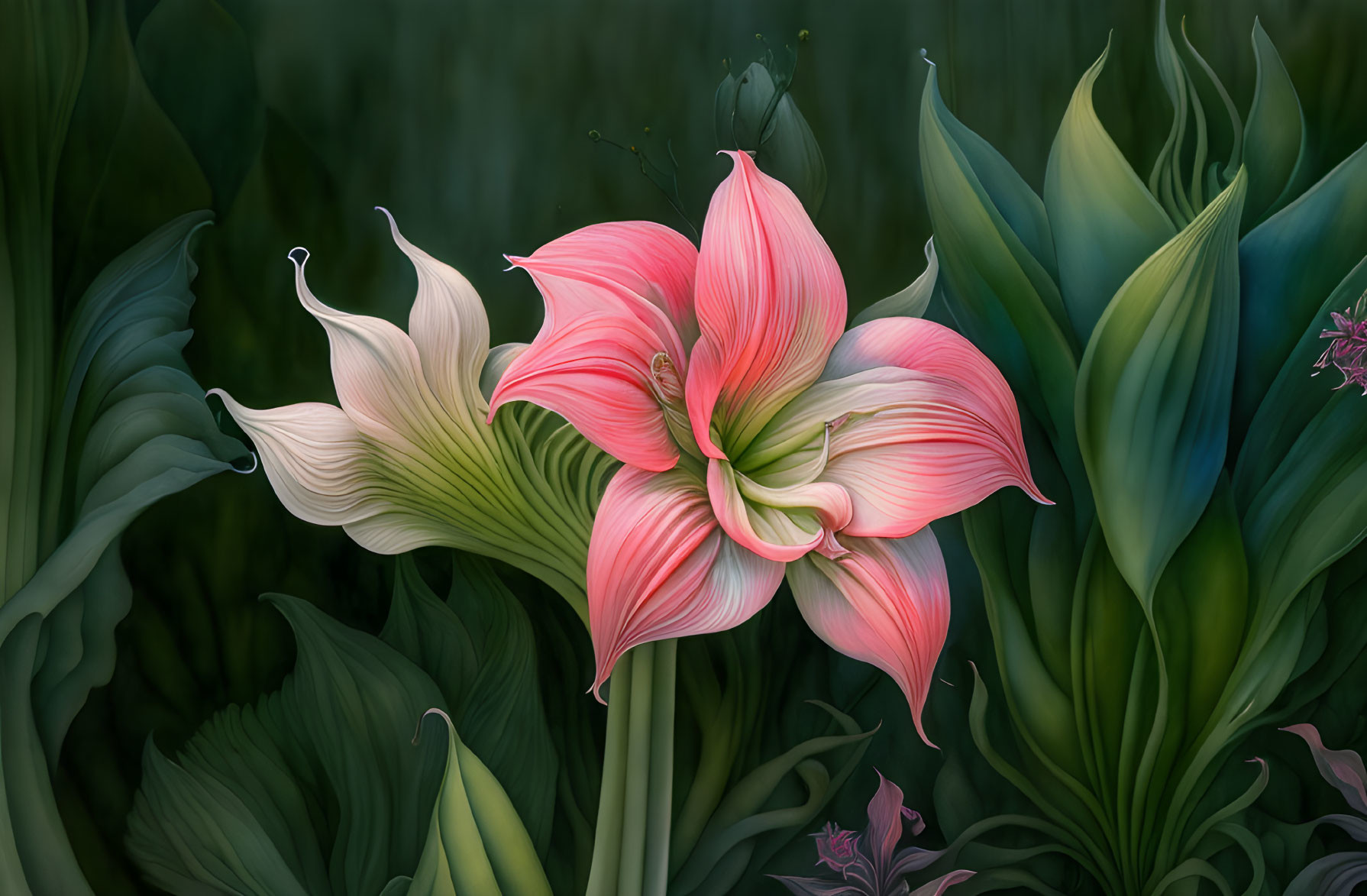 Vibrant Pink and White Lily with Elongated Petals in Digital Art