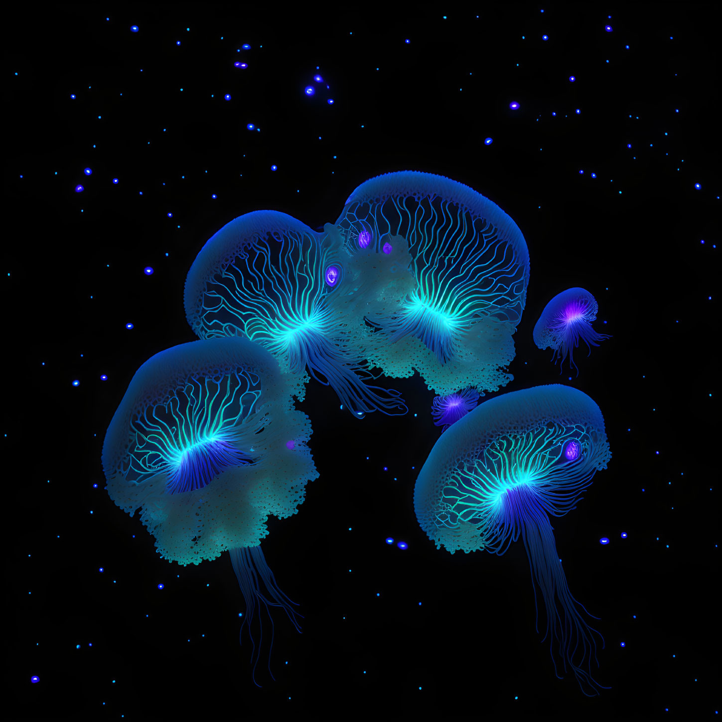 Luminous jellyfish with glowing tentacles in deep-sea setting