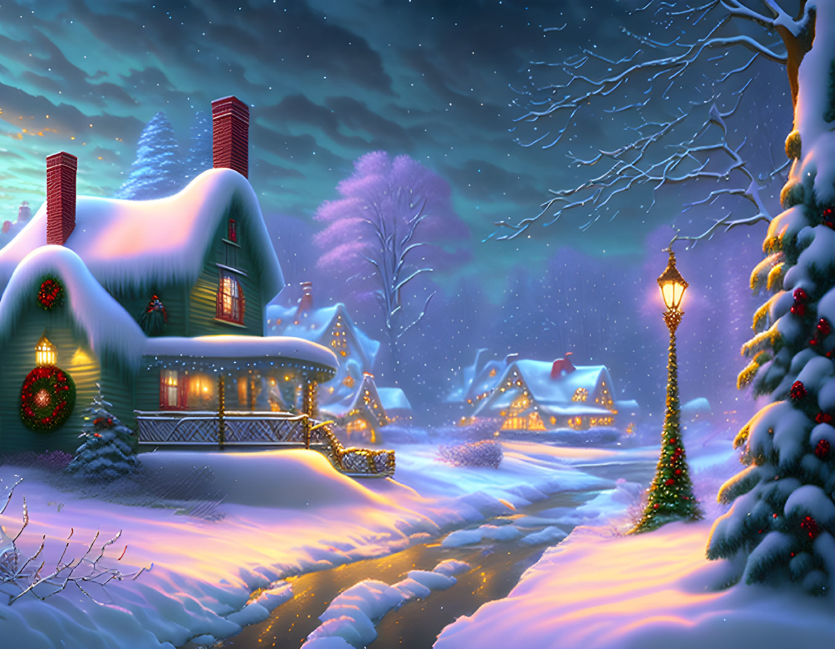 Snow-covered houses with glowing windows and Christmas tree in winter scene