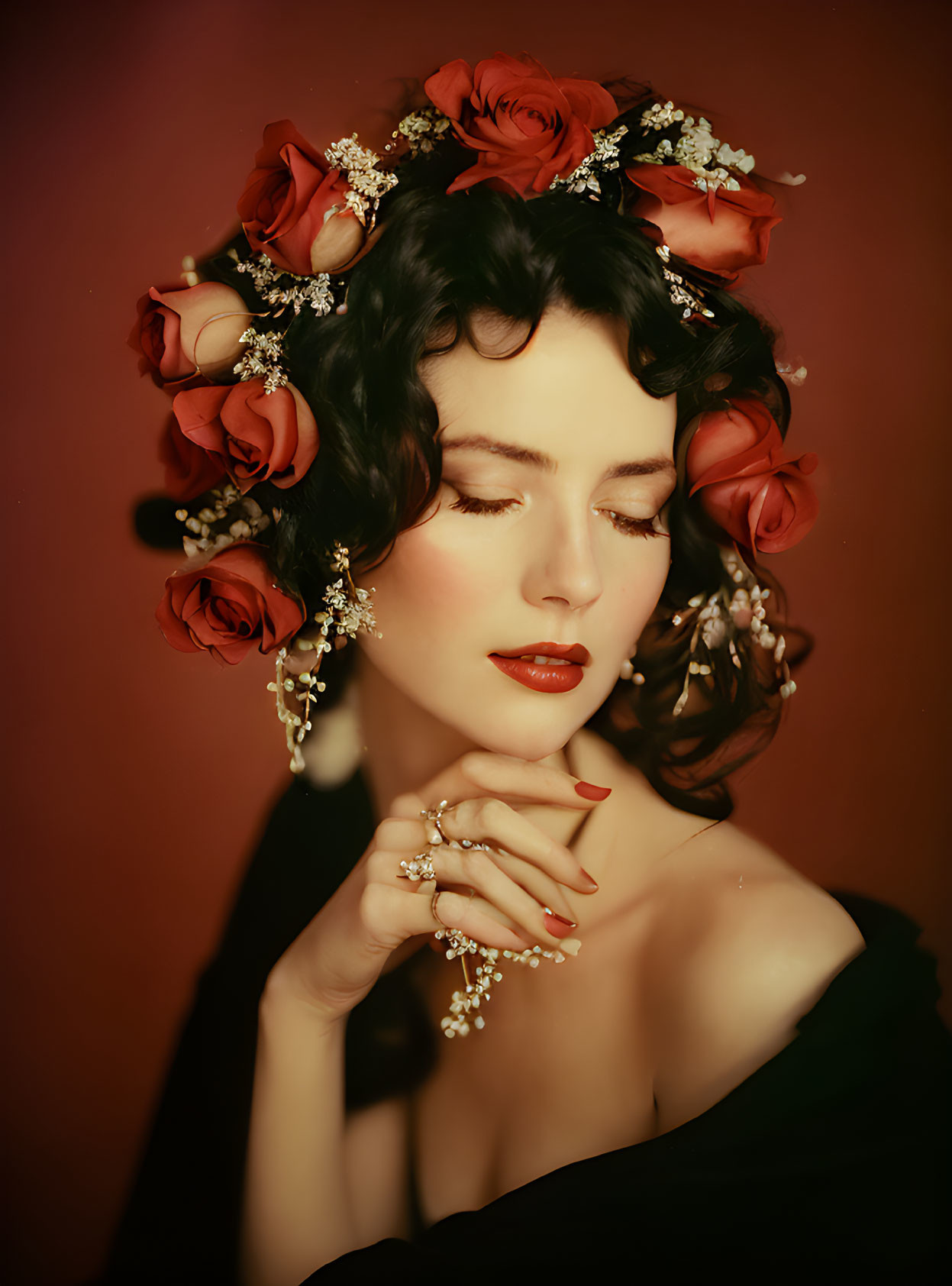 Woman in floral headpiece and jewelry against red backdrop