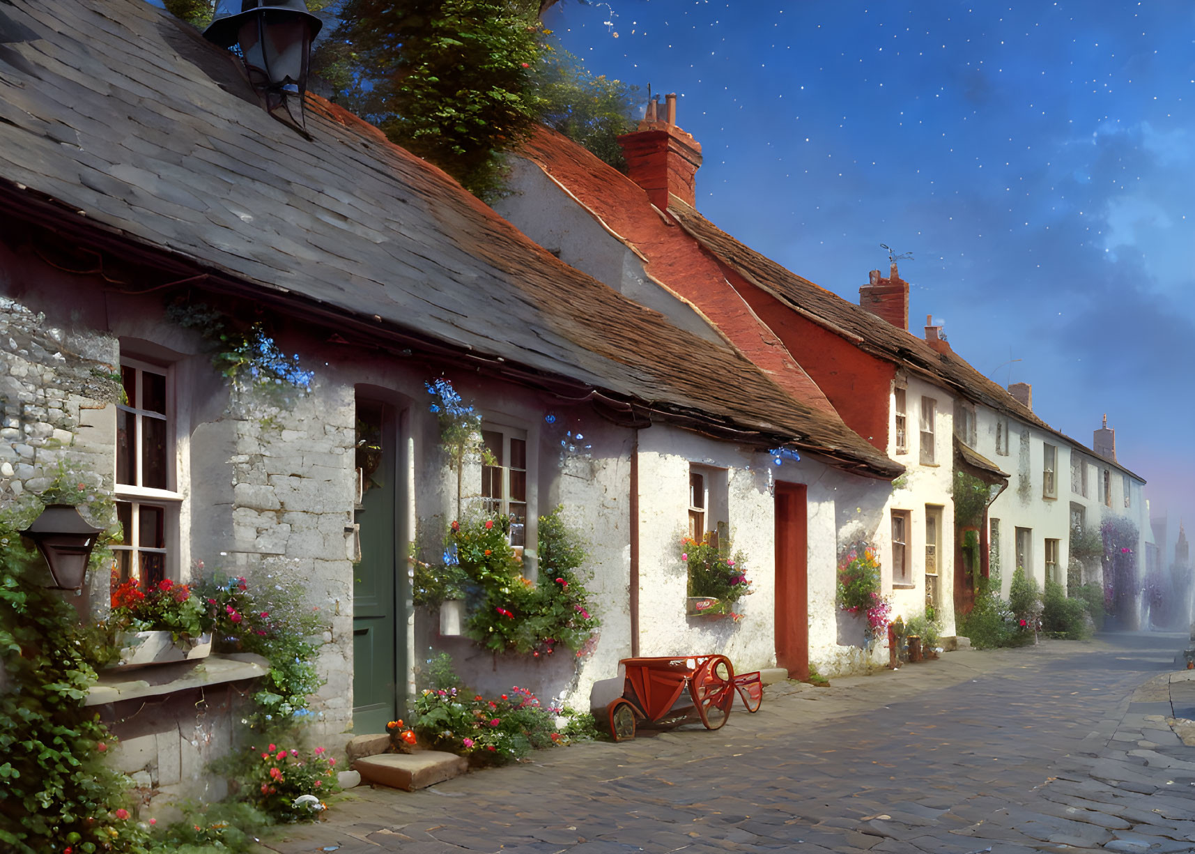 Charming old village street at dusk with vintage cart and twinkling stars