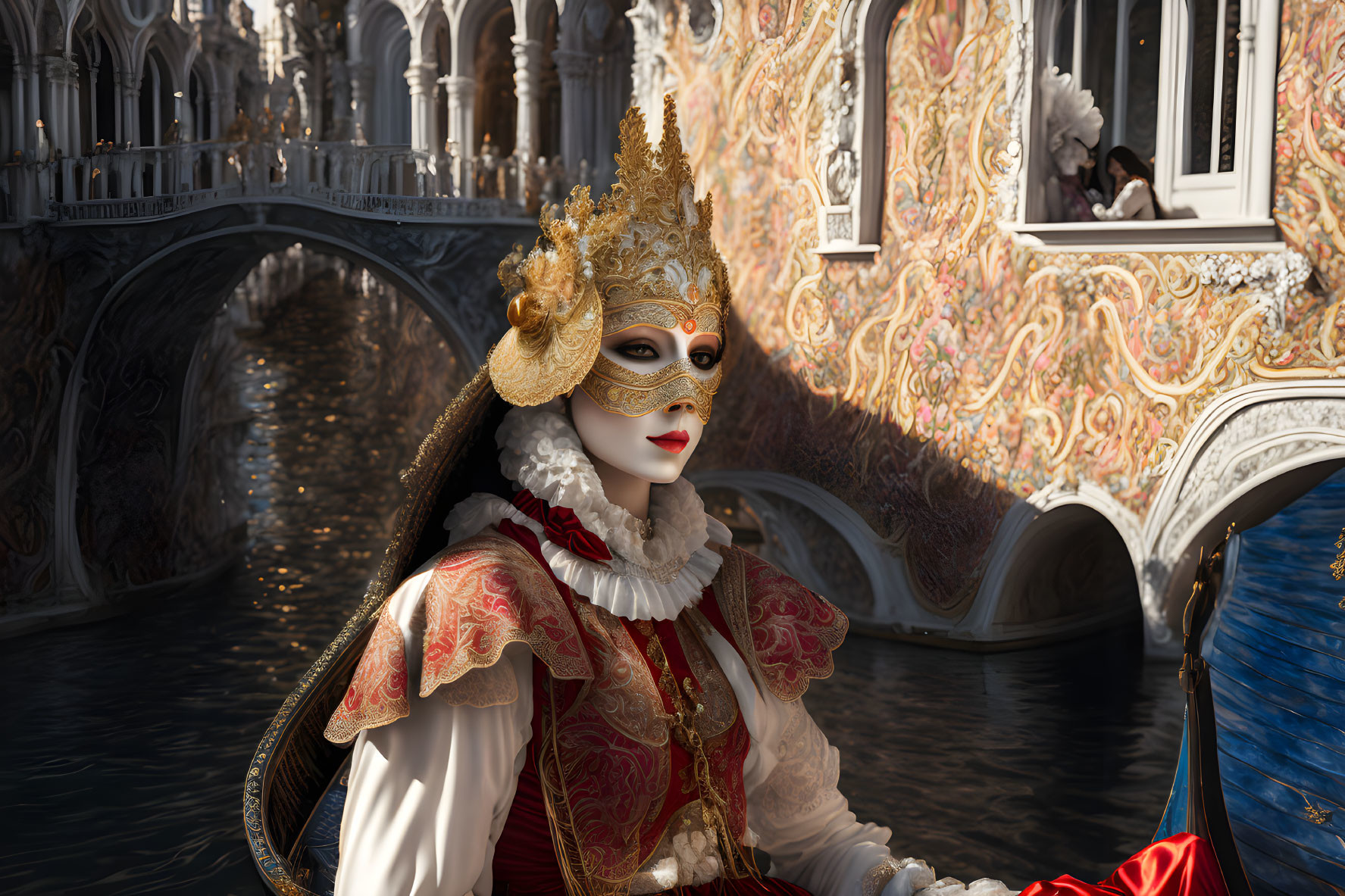 Elaborate Gold and White Venetian Mask and Costume in Gondola