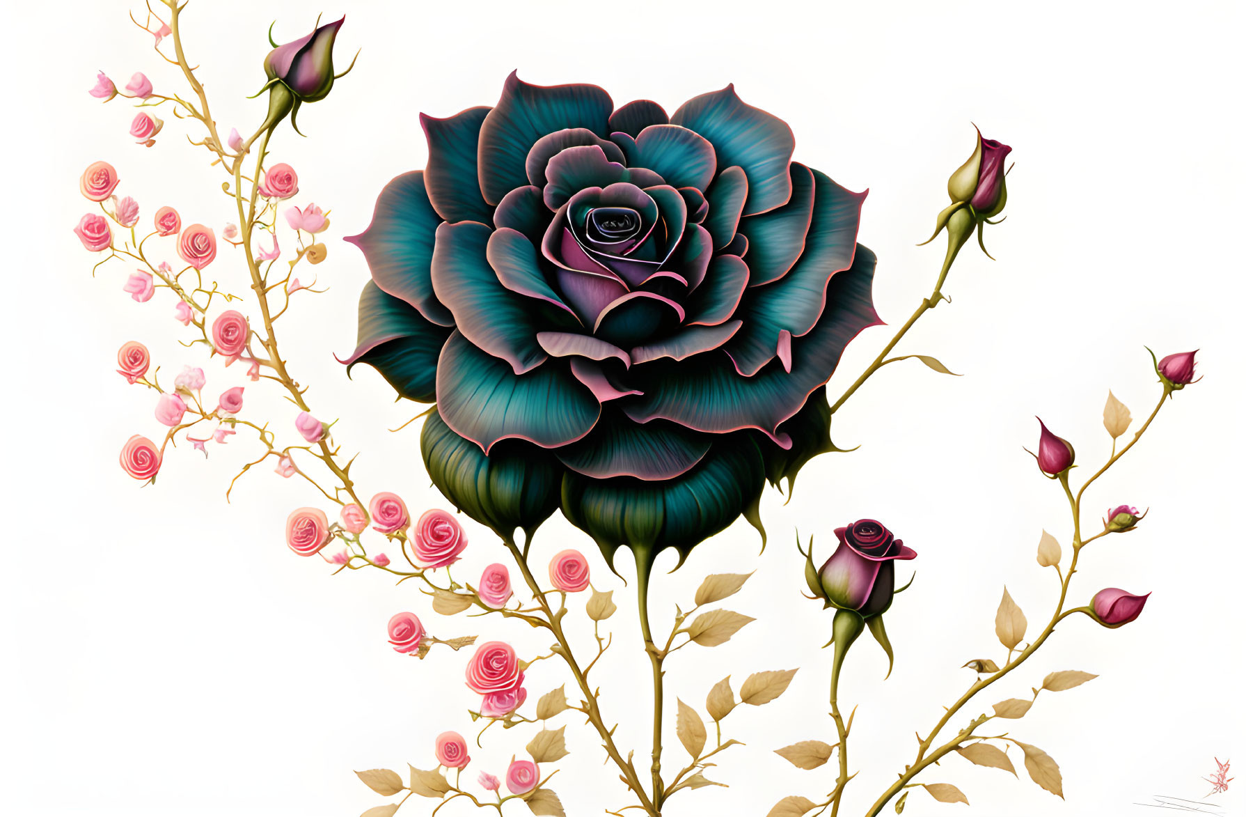 Dark rose surrounded by pink blossoms on pale background