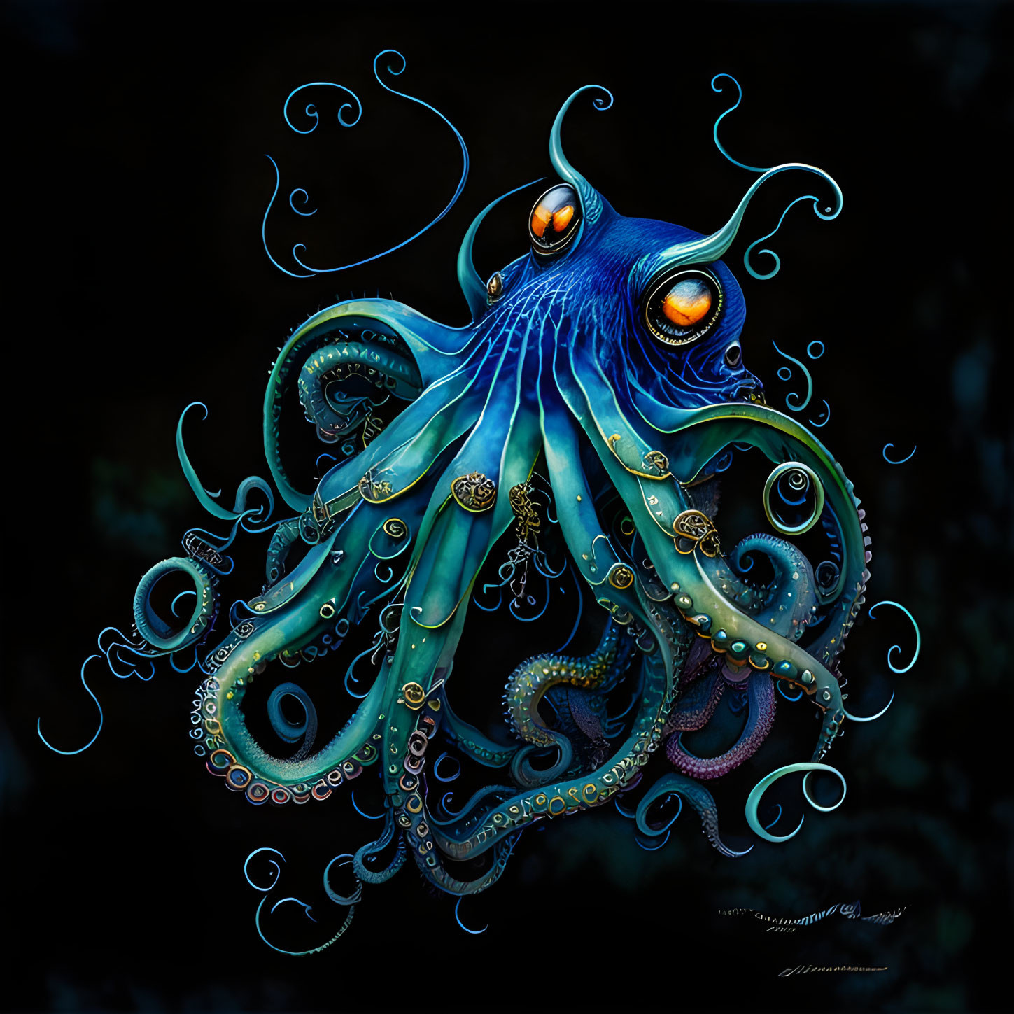 Detailed Blue Octopus Illustration with Orange Eyes and Swirling Tentacles