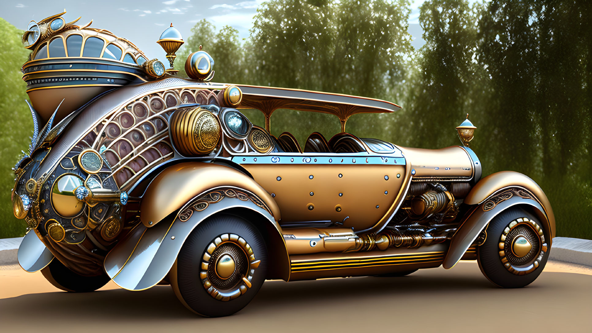 Steampunk-style vehicle with intricate metalwork on green landscape