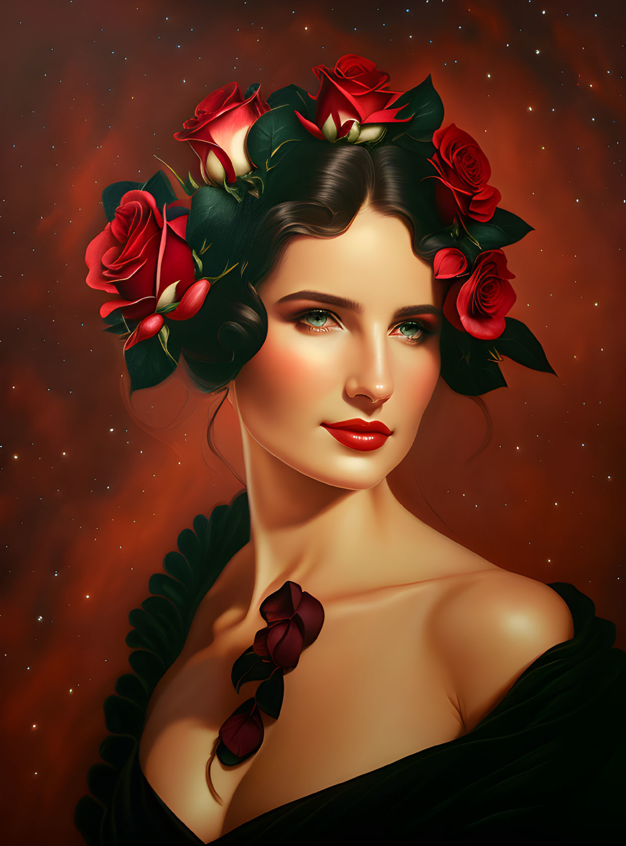 Digital Art Portrait of Woman with Red Roses in Hair on Starry Background