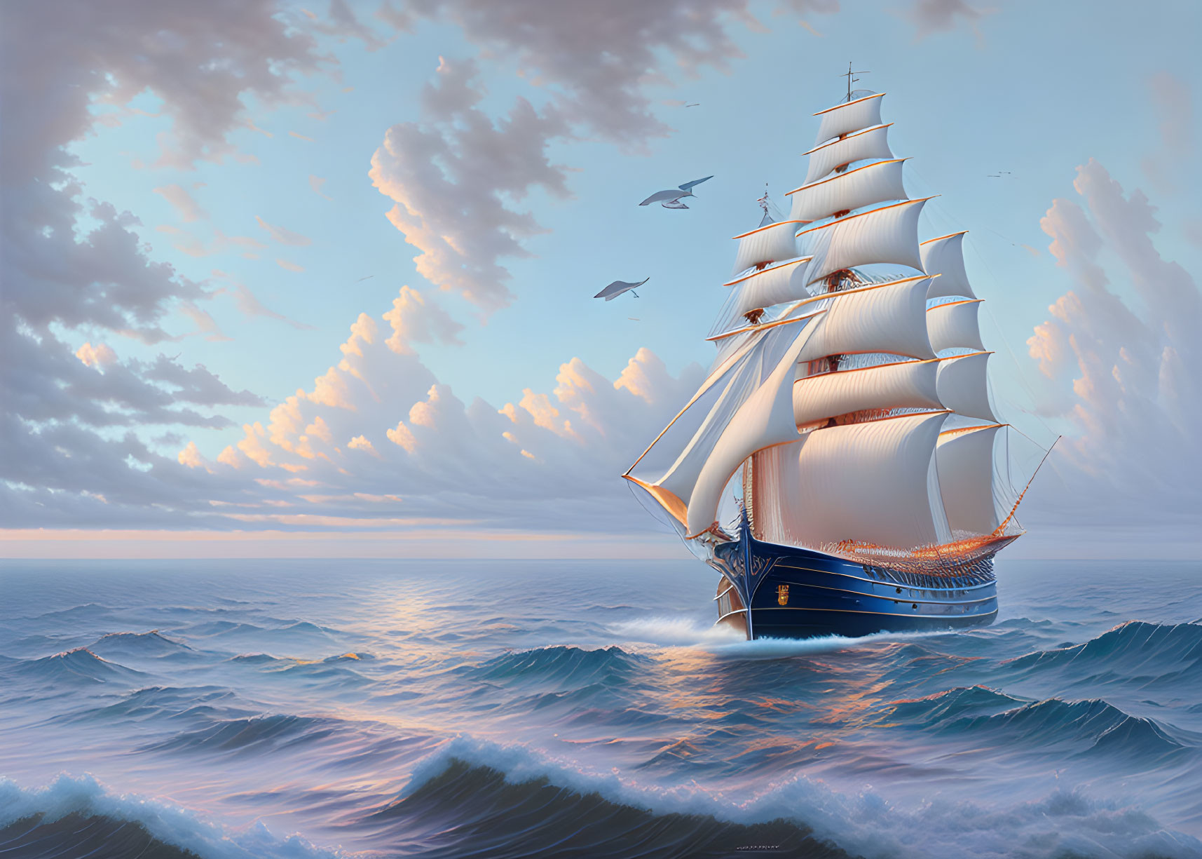 Tall ship sailing at dusk with seagulls and golden clouds