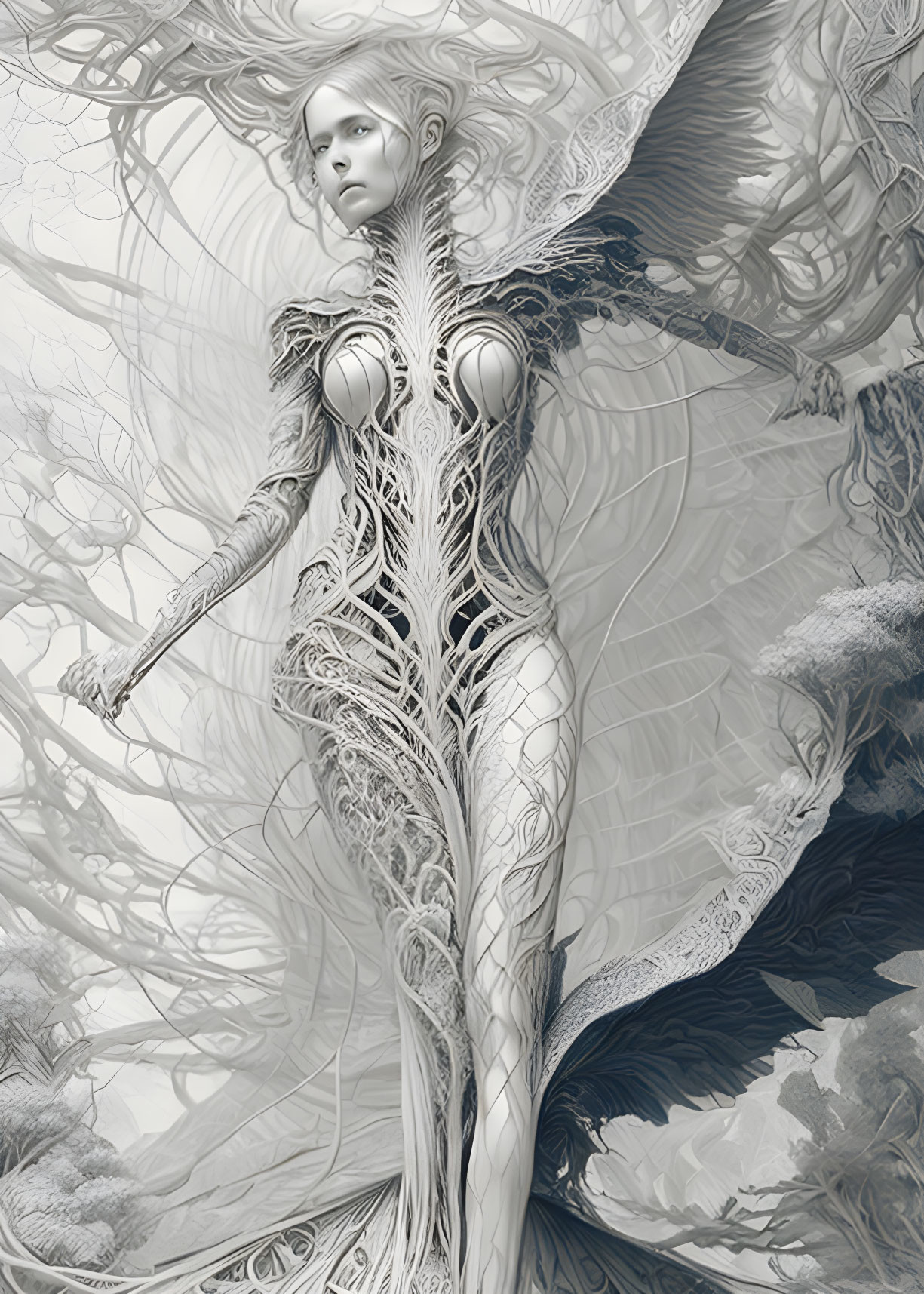 Monochromatic digital artwork of humanoid figure with biomechanical designs among ethereal trees