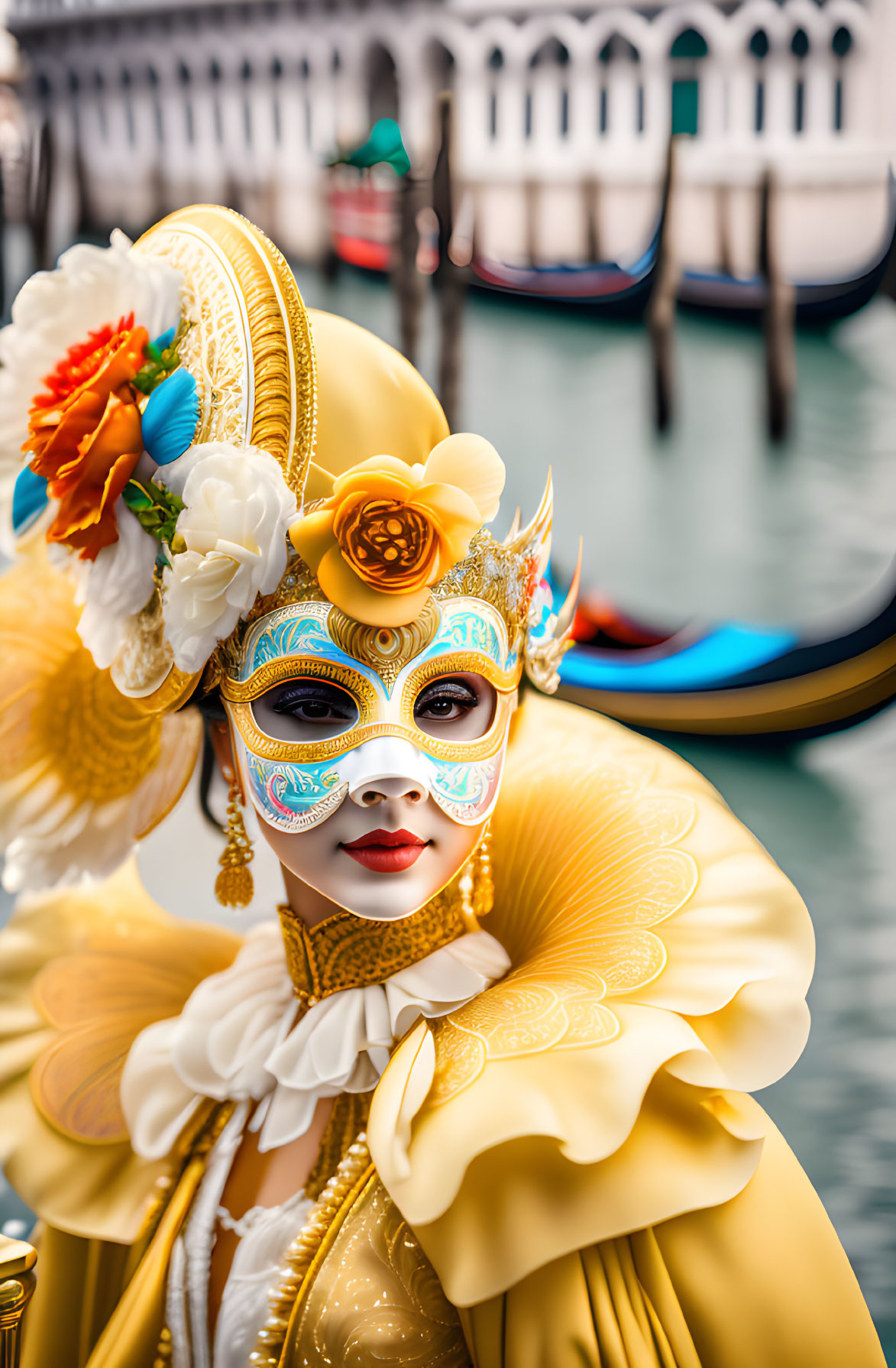 Elaborate Yellow Costume and Mask at Venetian Canal