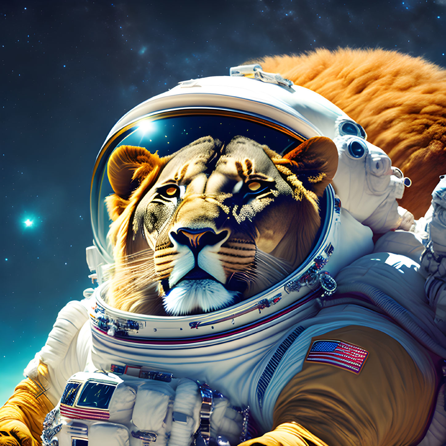 Astronaut space suit with lion face helmet & plush tiger in starry space.