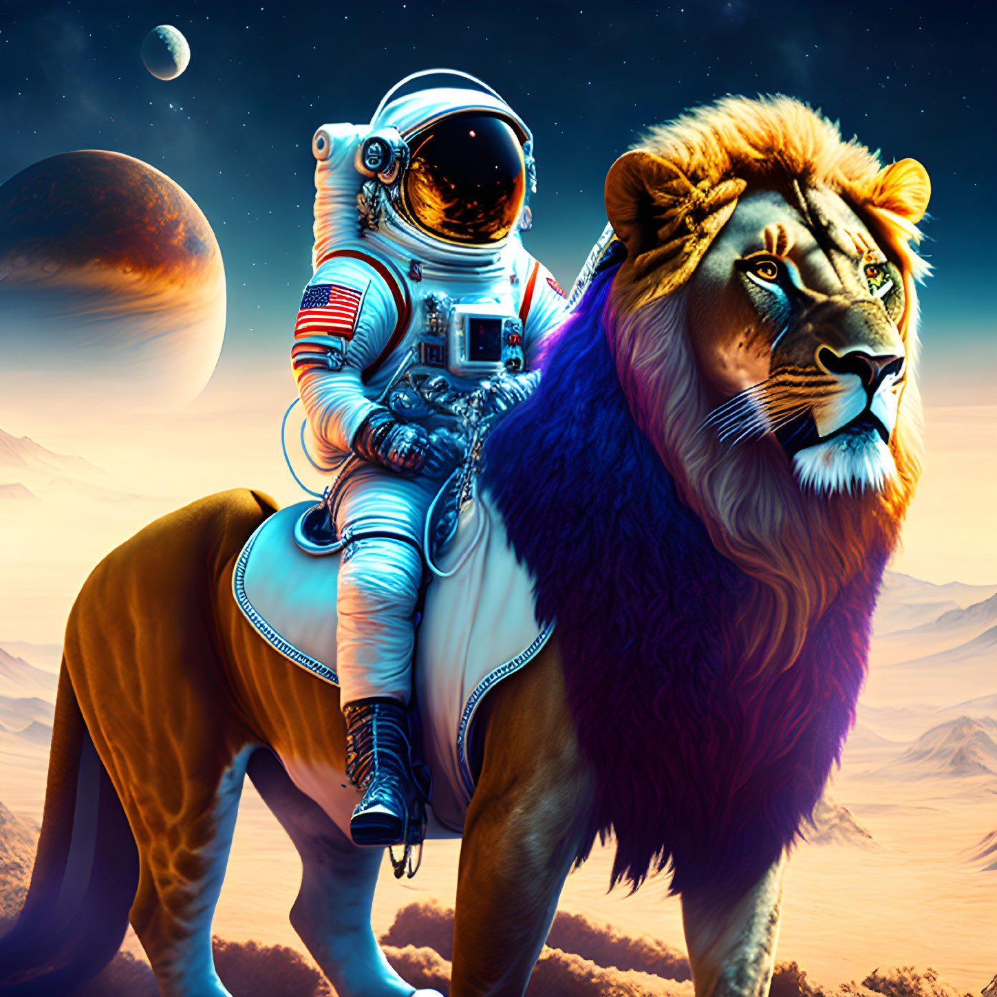 Astronaut on lion with space helmet in alien landscape