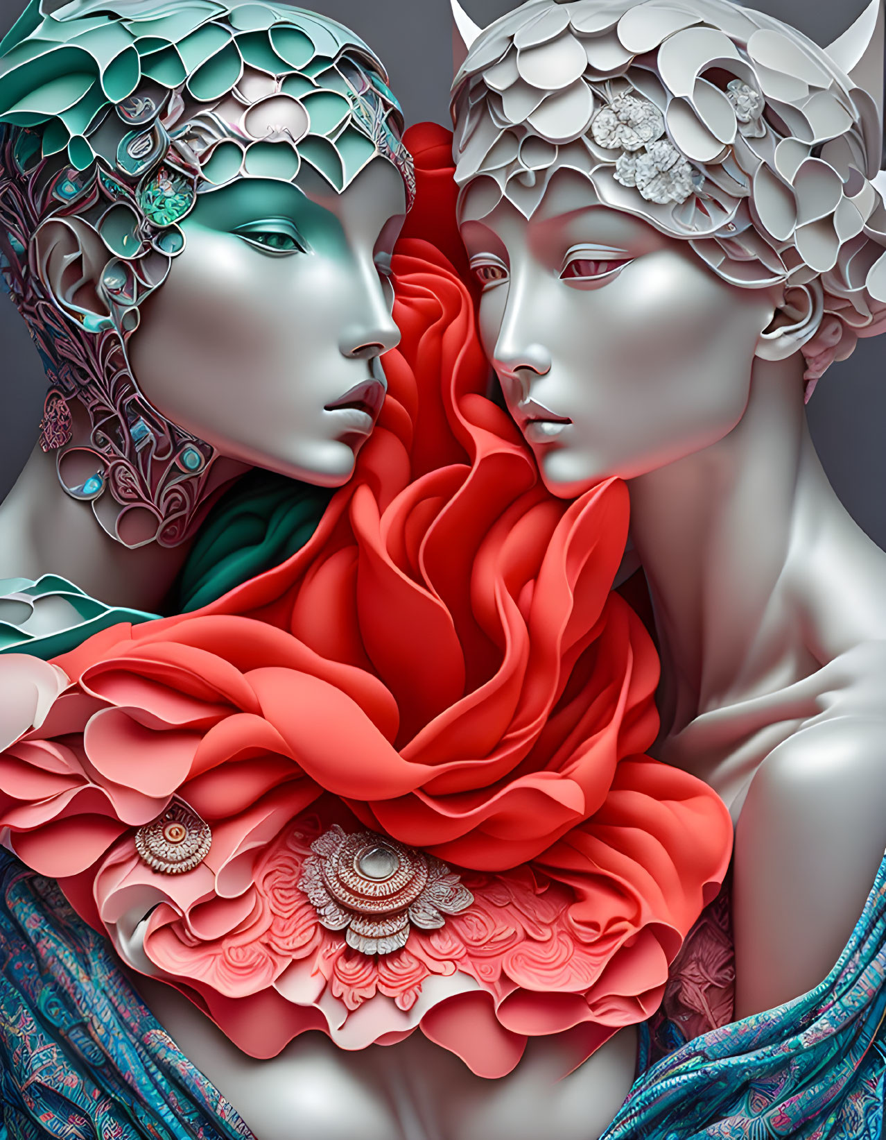 Stylized figures with ornate headpieces and vibrant red floral structure