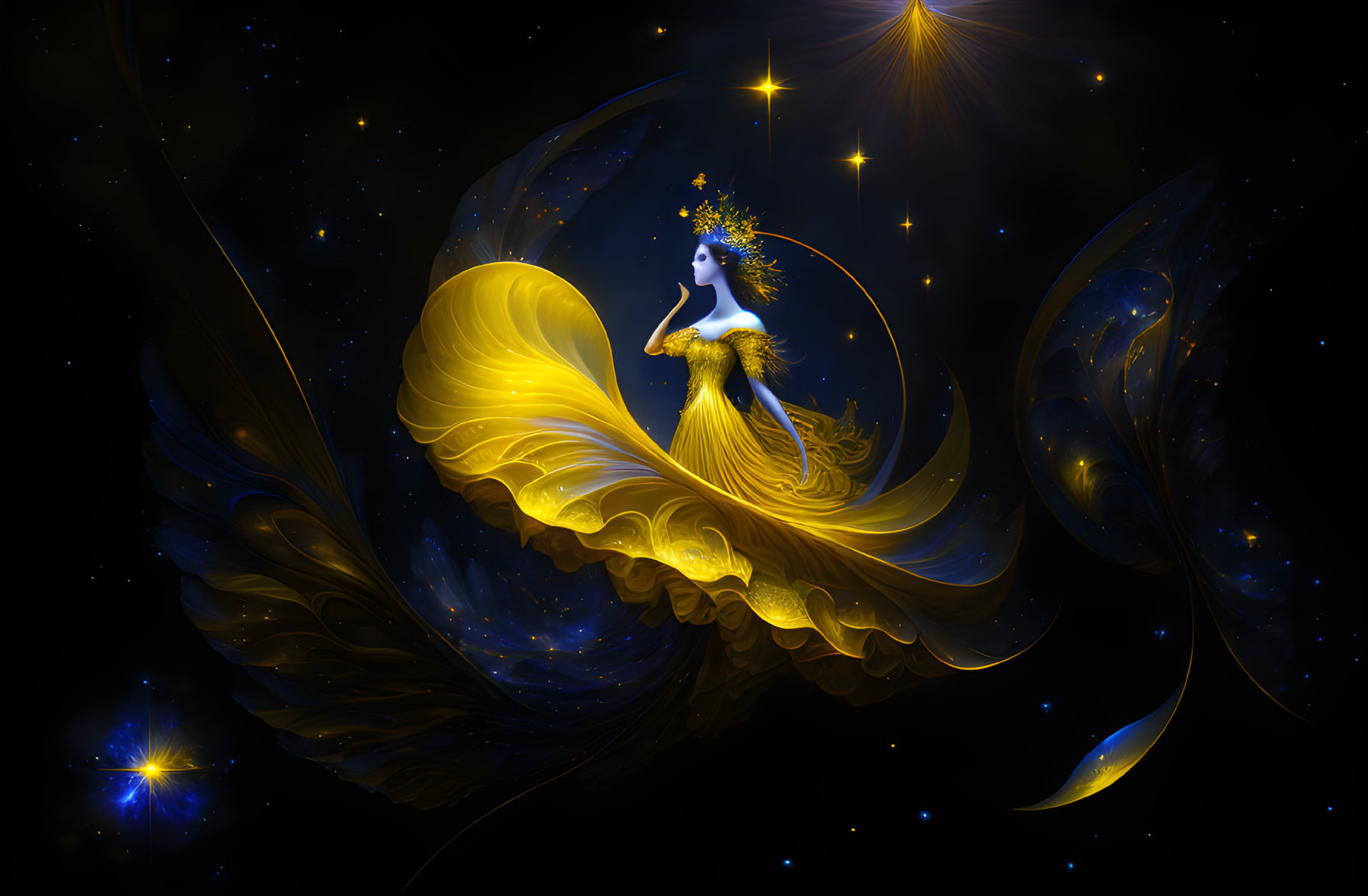 Surreal digital artwork of woman with star-like features in cosmic setting