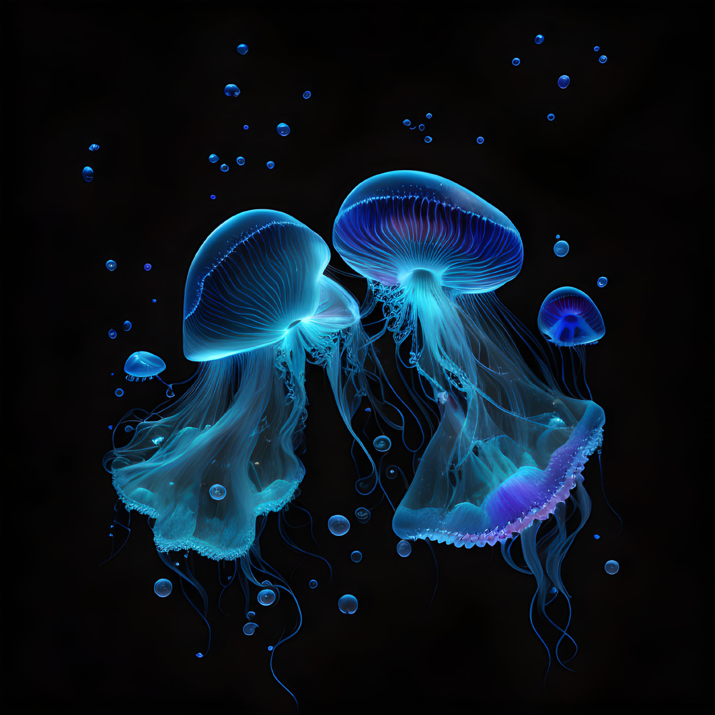 Vibrant Blue and Purple Bioluminescent Jellyfish in Dark Underwater Scene