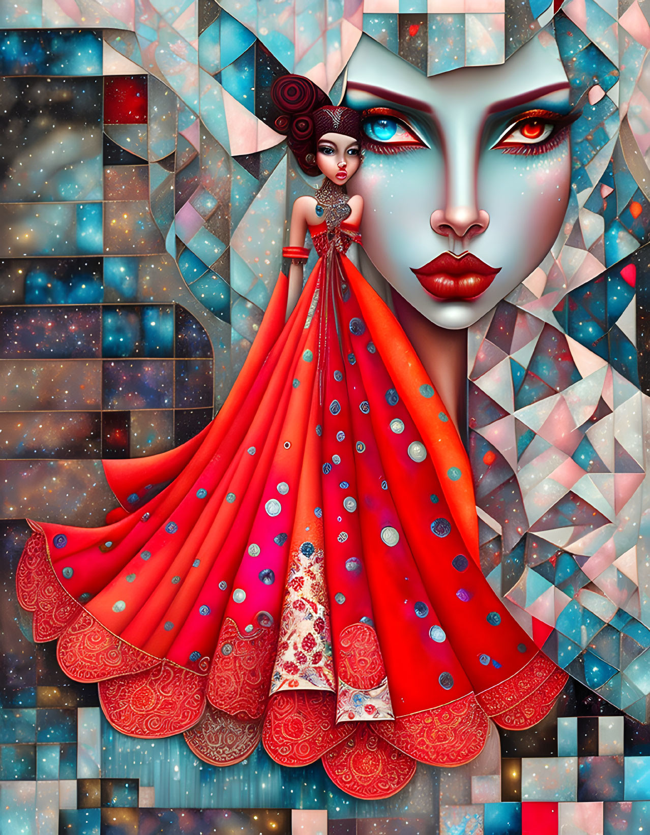 Colorful digital artwork of blue-skinned woman in intricate red attire amidst geometric and cosmic patterns