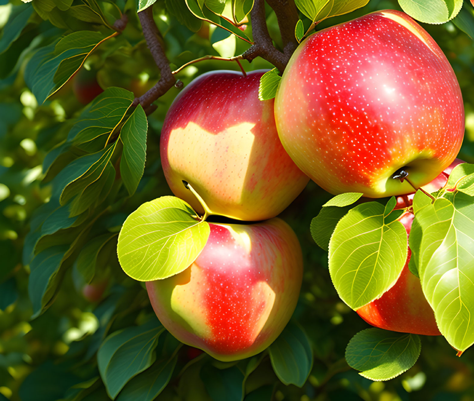 Fresh Red and Yellow Apples on Tree Branch with Green Leaves