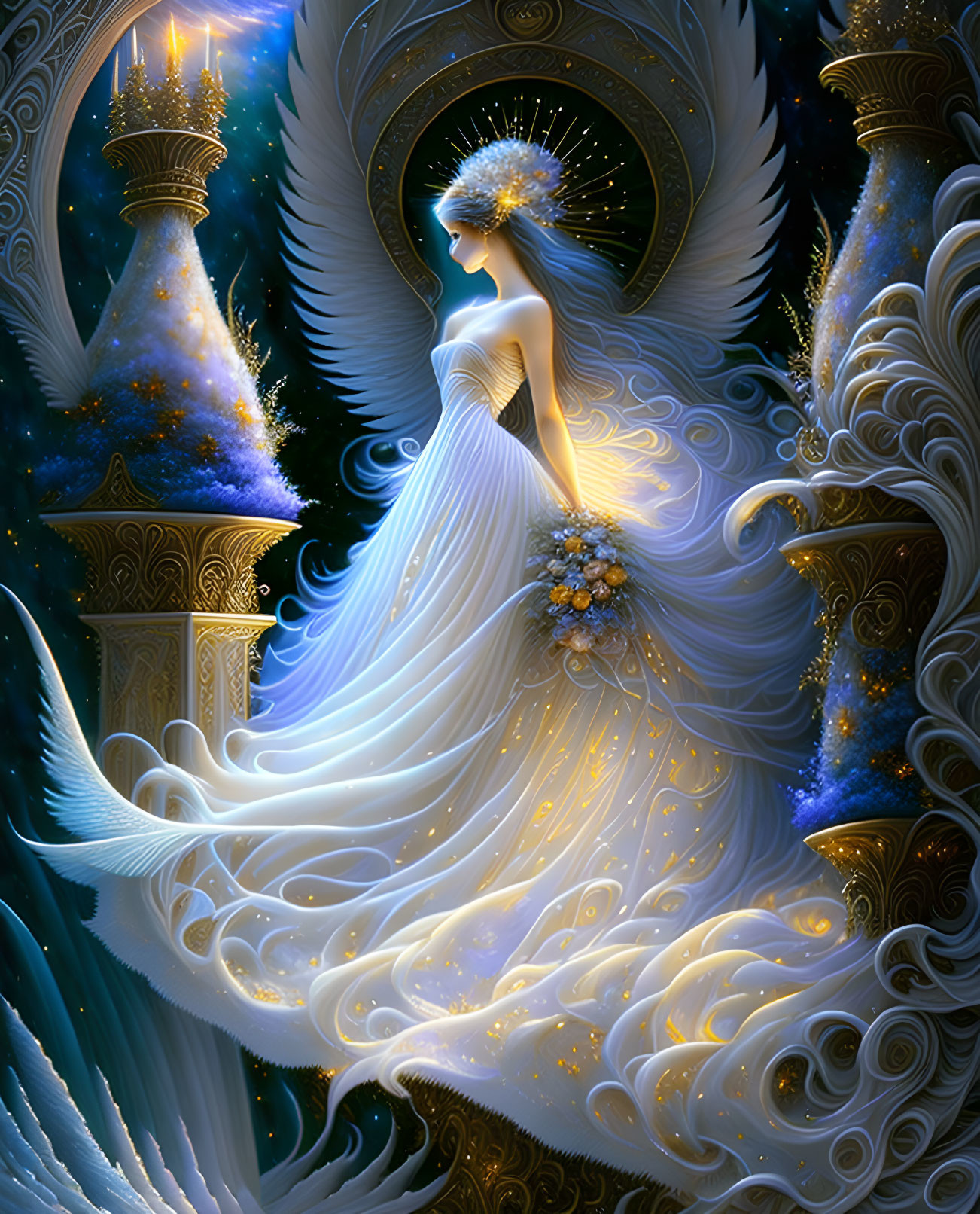 Celestial-themed illustration of a woman in flowing white gown surrounded by starry pillars