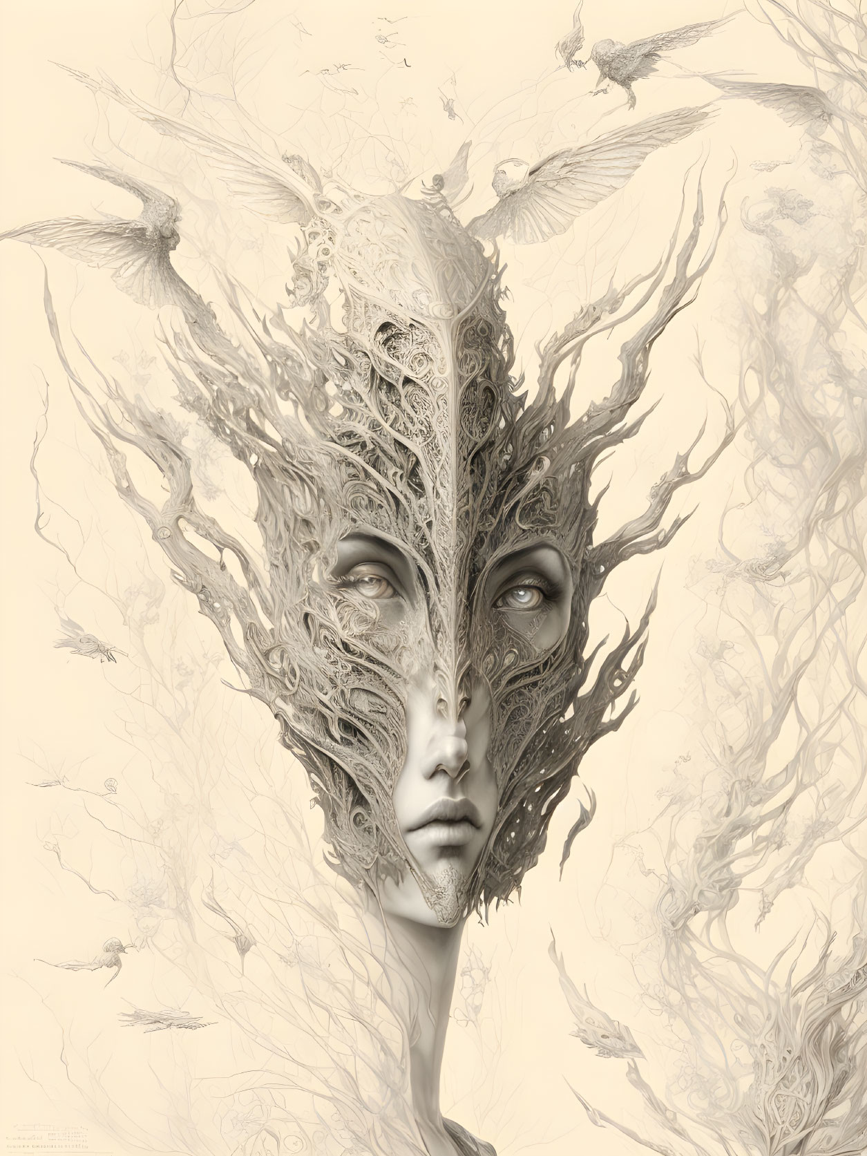 Surreal artwork: face with tree-like hair, organic and fantastical blend