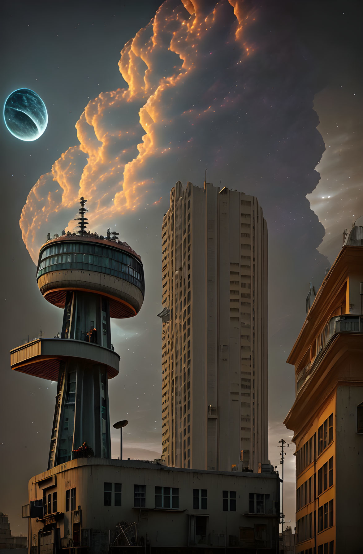 Futuristic cityscape with illuminated flying saucer building, skyscrapers, cloudy sky, and