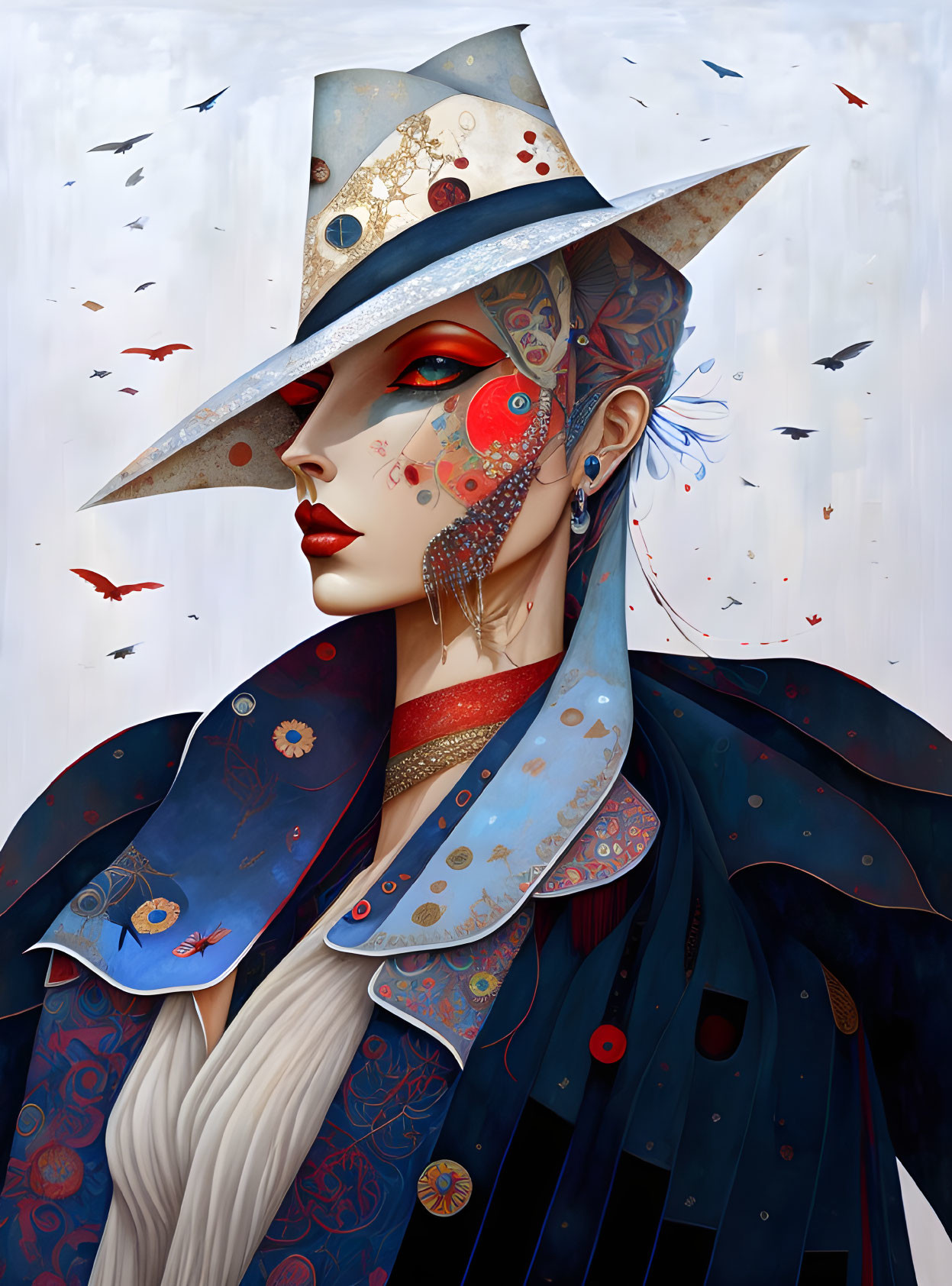 Illustrated woman with wide-brimmed hat, red makeup, tattoos, and celestial coat among flying