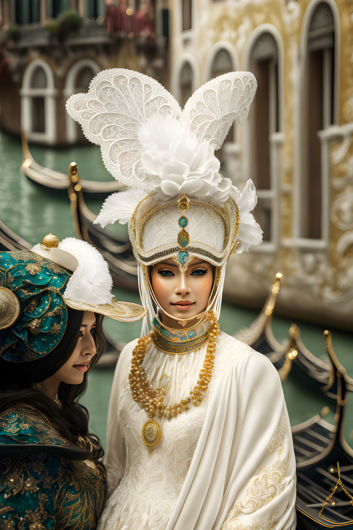 Elaborate Venetian Carnival Costumes with Feathers by Canal