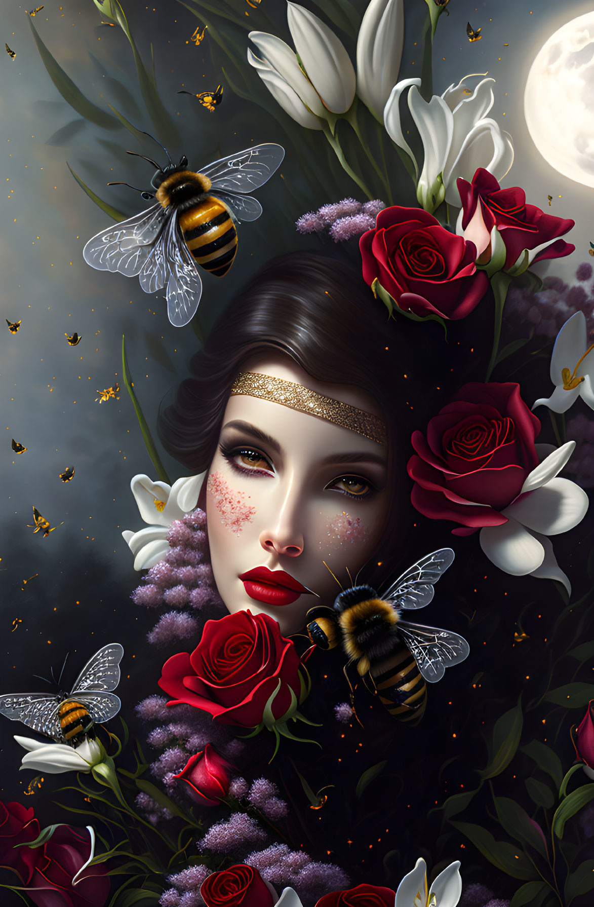 Woman surrounded by flowers and bees under moonlit sky