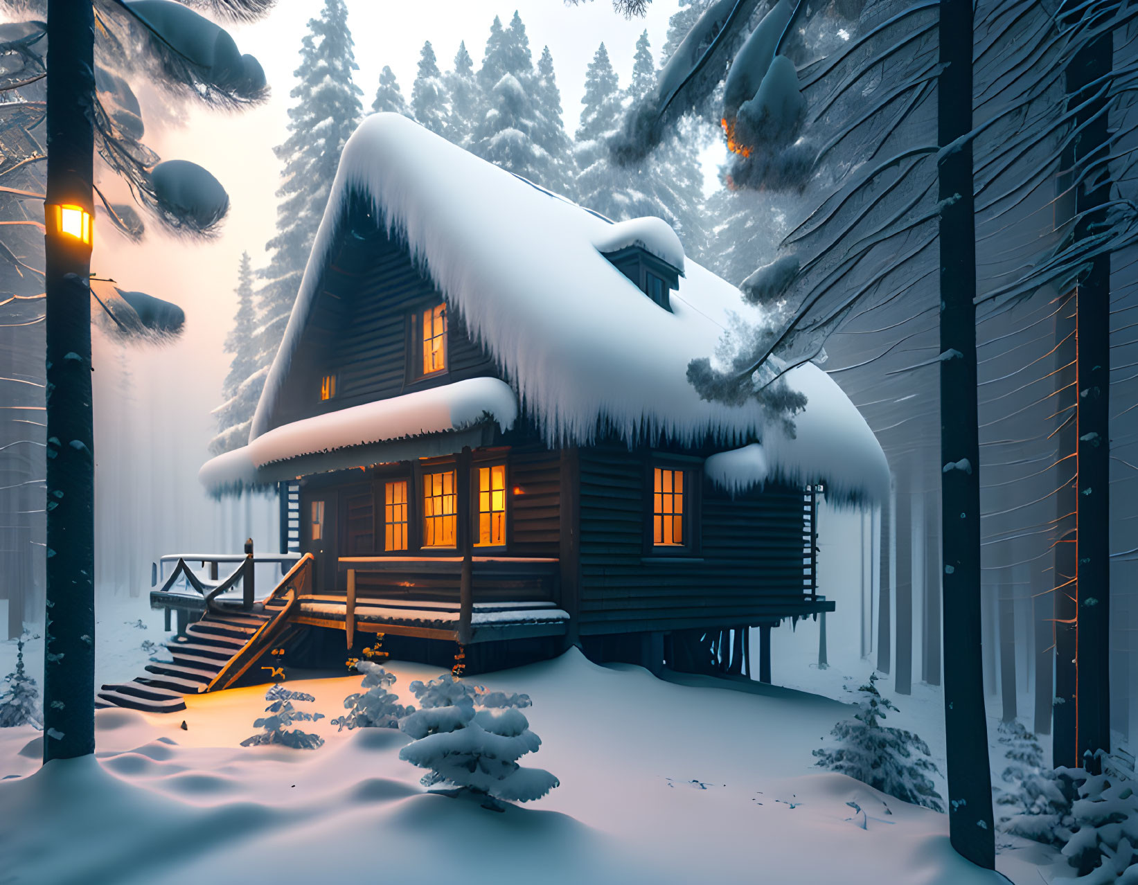 Snow-covered cabin nestled among pine trees in winter forest at dusk