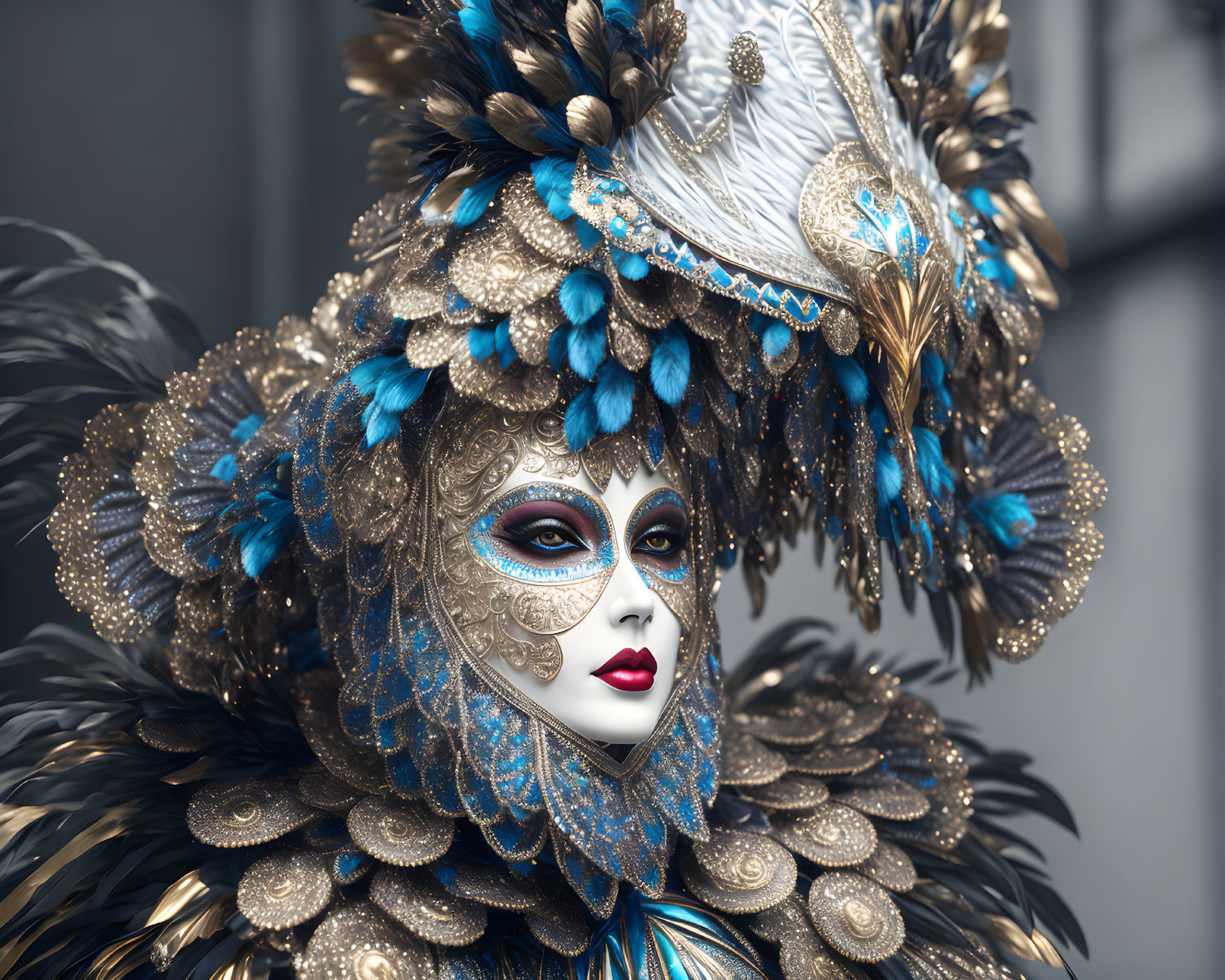 Elaborate Feathered Mask and Headdress in Venetian-Style Carnival Costume