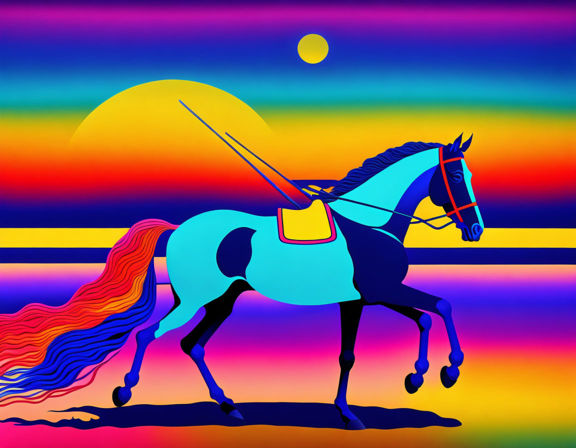 Stylized horse graphic on vibrant sunset background