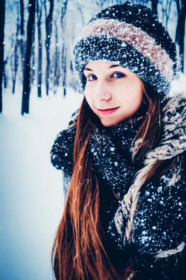 Long-haired woman in snow-covered hat and coat smiling in snowy forest.