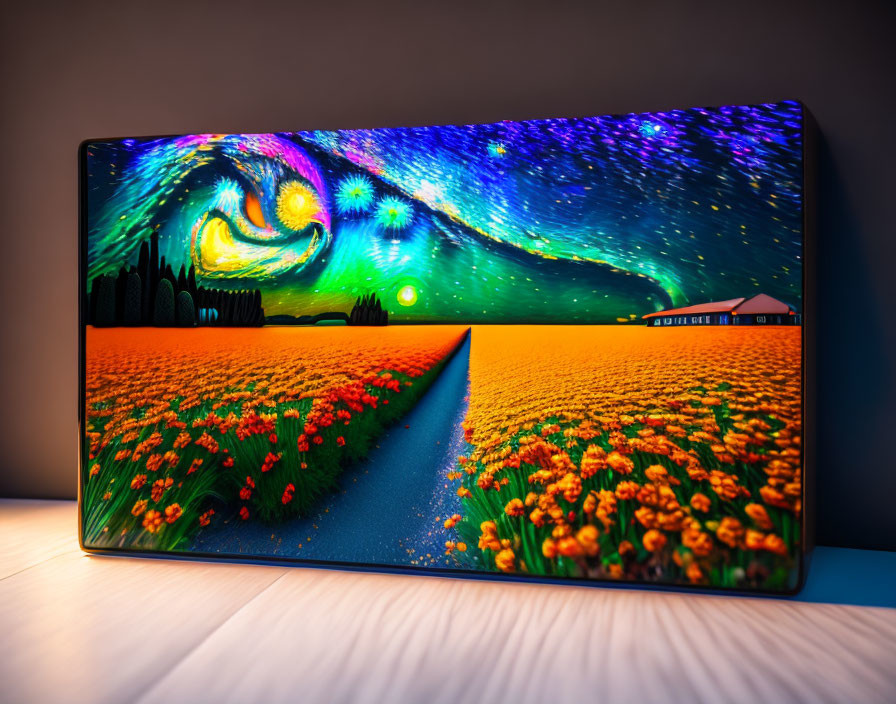 Digital art piece blending starry night sky, galaxy, orange flowers, and house on vibrant monitor.