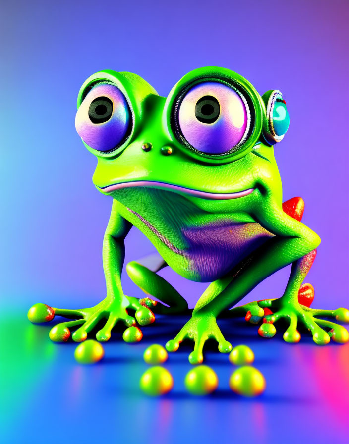 Vibrant 3D illustration of whimsical green frog with oversized eyes among multicolored spheres