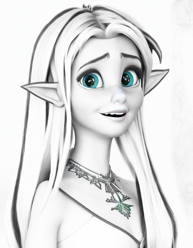 Monochrome image of a smiling female elf with pointed ears and turquoise eyes.