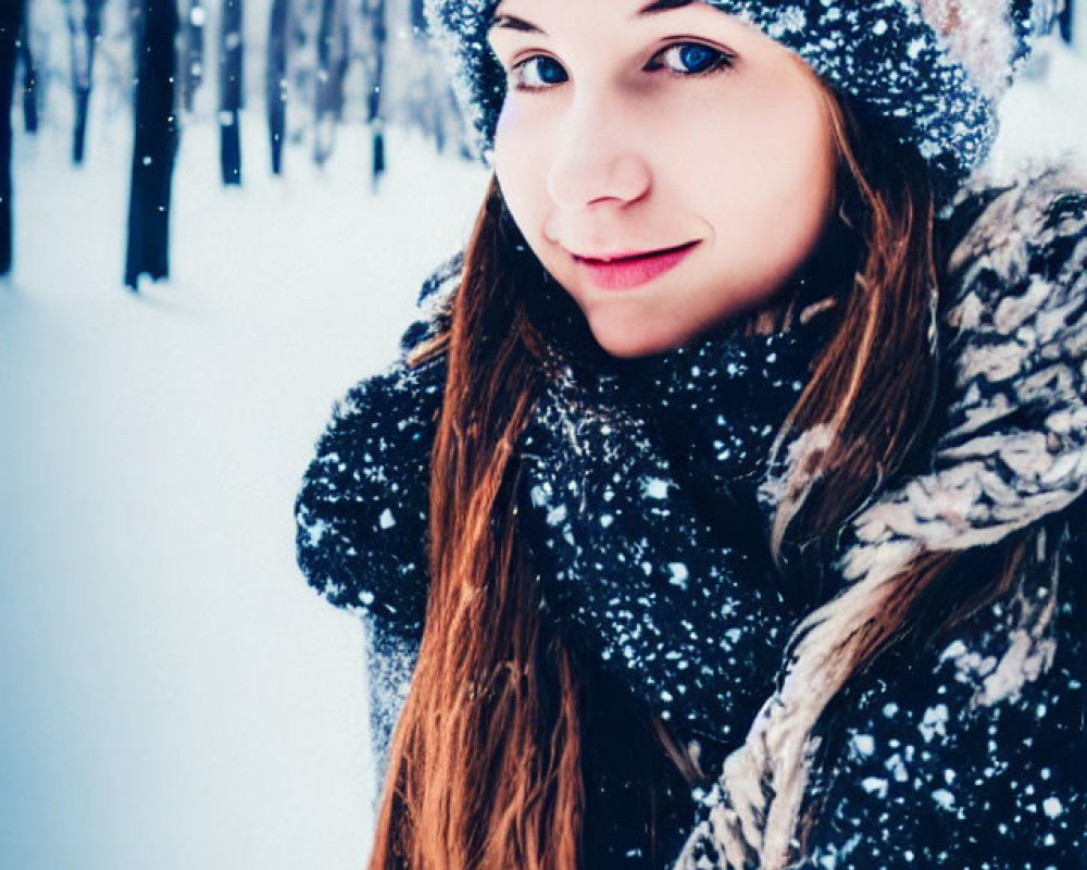 Long-haired woman in snow-covered hat and coat smiling in snowy forest.