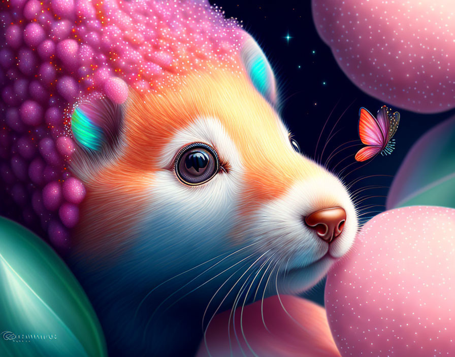 Whimsical creature with orange and white face and pink ears