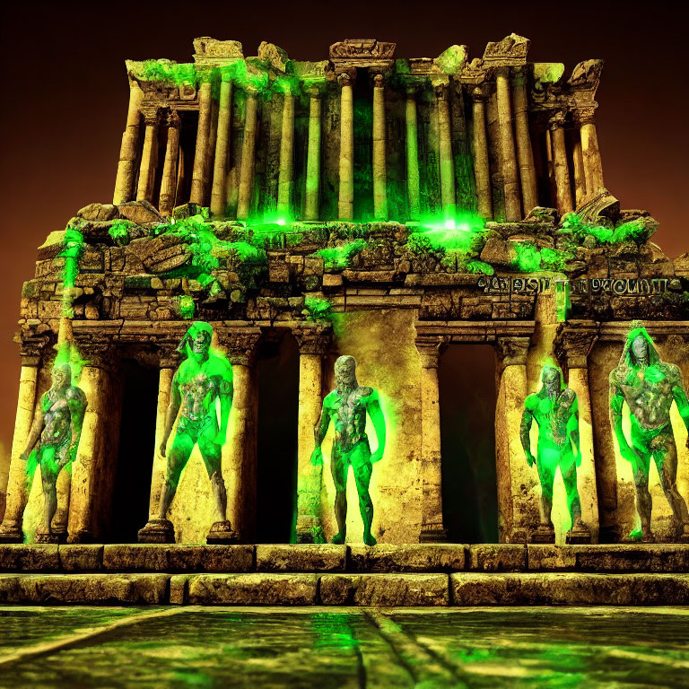 Ancient Roman temple ruins illuminated by green lights at night