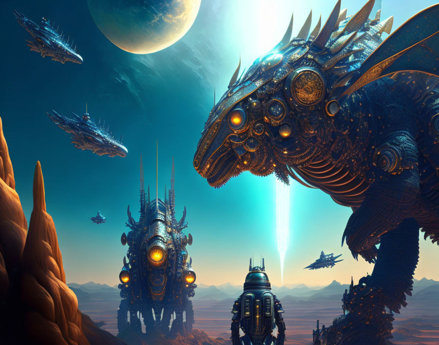 Mechanical dragons, spacecraft, and alien planet in sci-fi desert scene