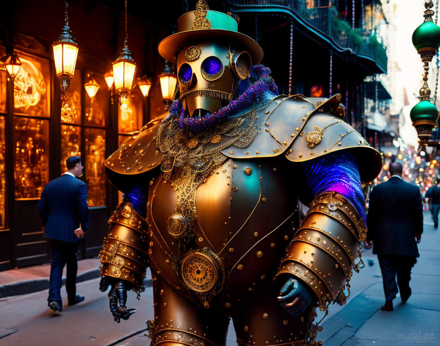 Elaborate Steampunk Robot Costume in Urban Setting