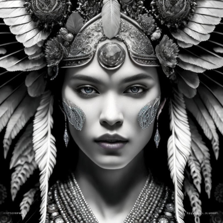 Monochrome portrait of woman with ornate feathered headdress & tribal jewelry