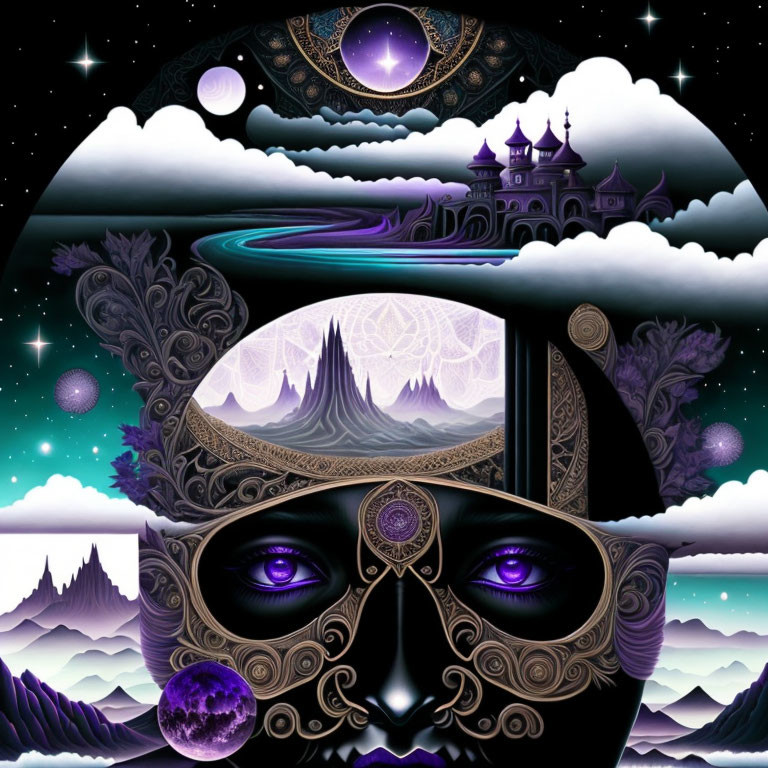 Surreal cosmic fantasy mask with celestial, palace, and mountain elements