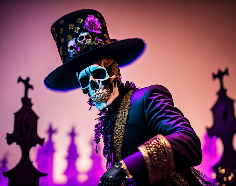 Elaborate Day of the Dead costume with skull makeup and top hat against cross backdrop