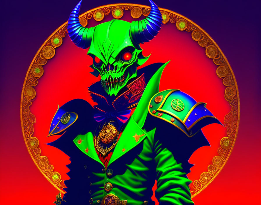 Skull-faced figure with horns in green jacket and crow on shoulder against circular backdrop