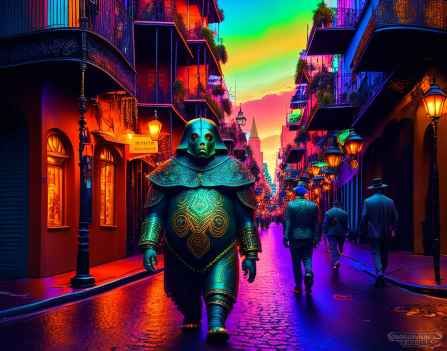 Colorful Dusk Street Scene with Armored Creature