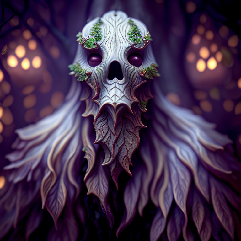 Fantastical creature with tree-like features in illuminated forest