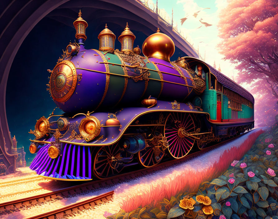 Colorful illustration of ornate steam train emerging from tunnel into vibrant landscape