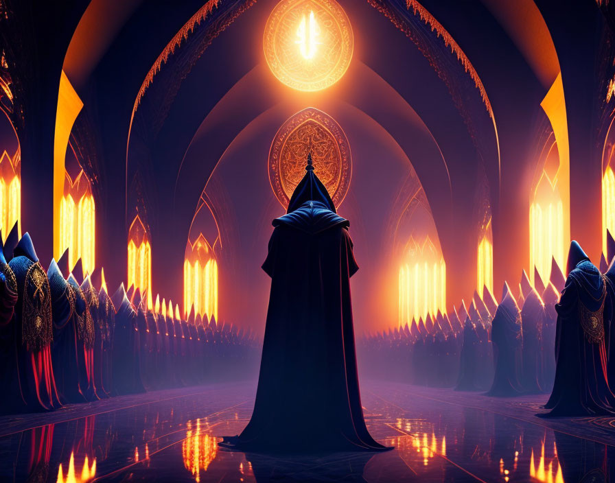 Mysterious cloaked figure in ornate hall with glowing windows