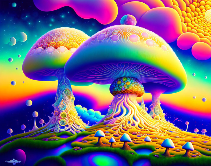 Colorful Psychedelic Mushroom Artwork on Surreal Landscape