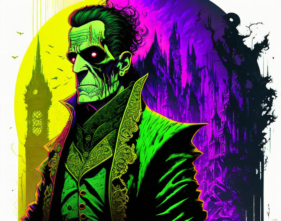 Colorful gothic male figure in green against purple and yellow backdrop with eerie silhouettes.